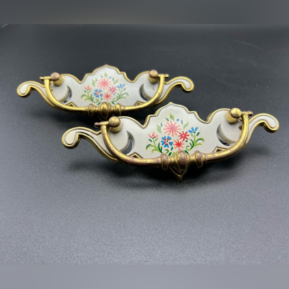 Pair of Vintage Enamel and Brass Drawer Pulls